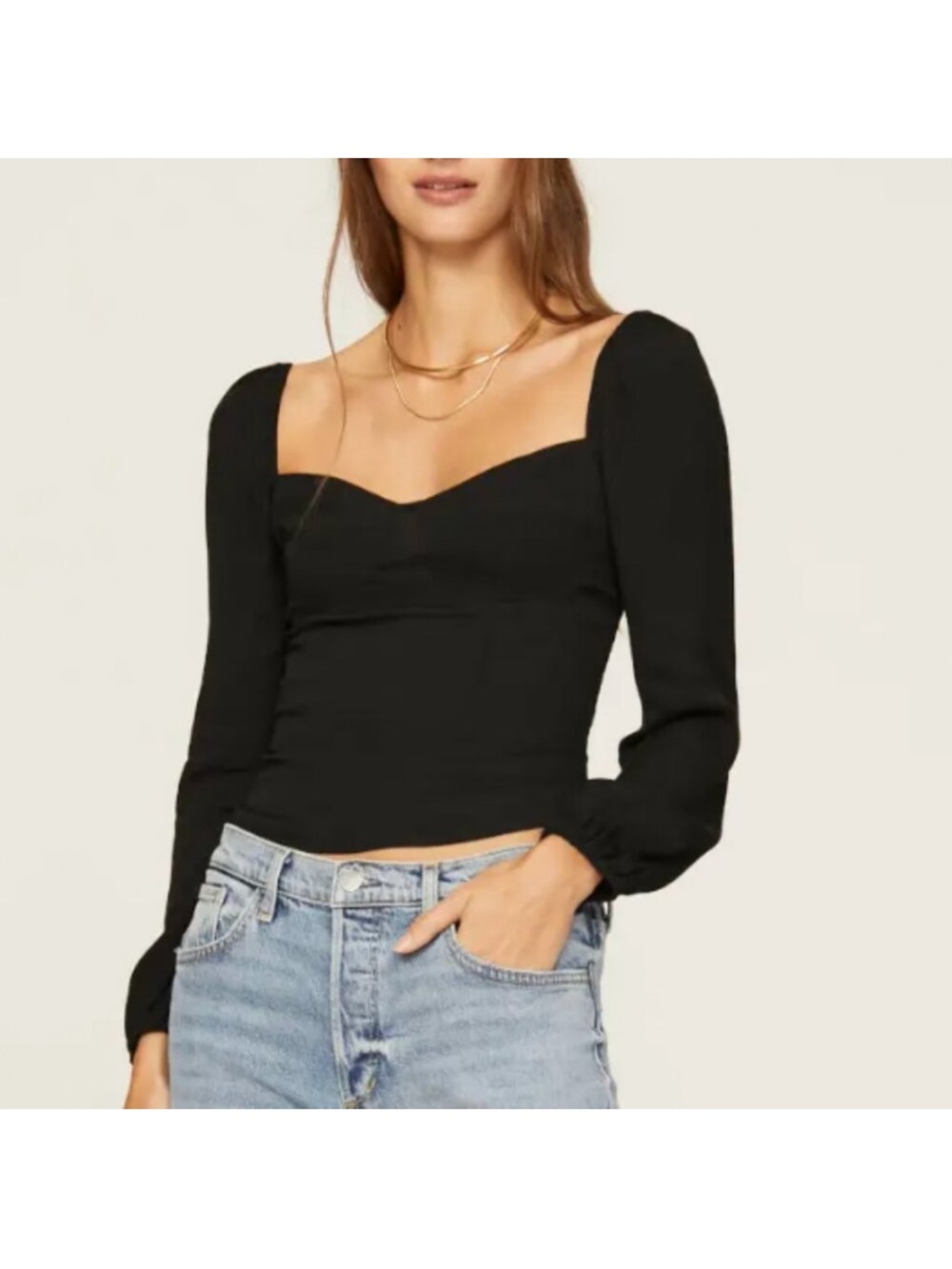 Reformation Reign Black Square-Neck Long Sleeve Crop Top
